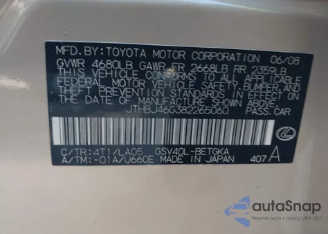 2008 Lexus Es 350 из США, поврежденный, VIN JTHBJ46G382265060